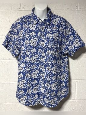 J.CrewSlim Linen Blend Button Down Camp Shirt Blue White Floral Short Sleeve